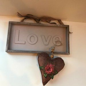 Wood LOVE Sign Champagne Color  and Fabric Heart Ornament with Pink Rose Gold Fl